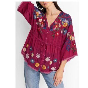 Johnny Was Multicolor Floral Embroidered Blouse Size-XL Rumba Red
